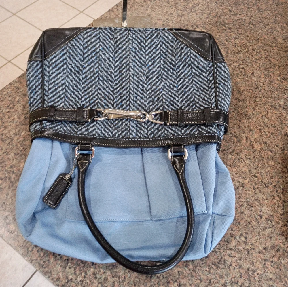 Coach Hampton Blue Black Wool Tweed Leather Trim Satchel - Picture 8 of 15